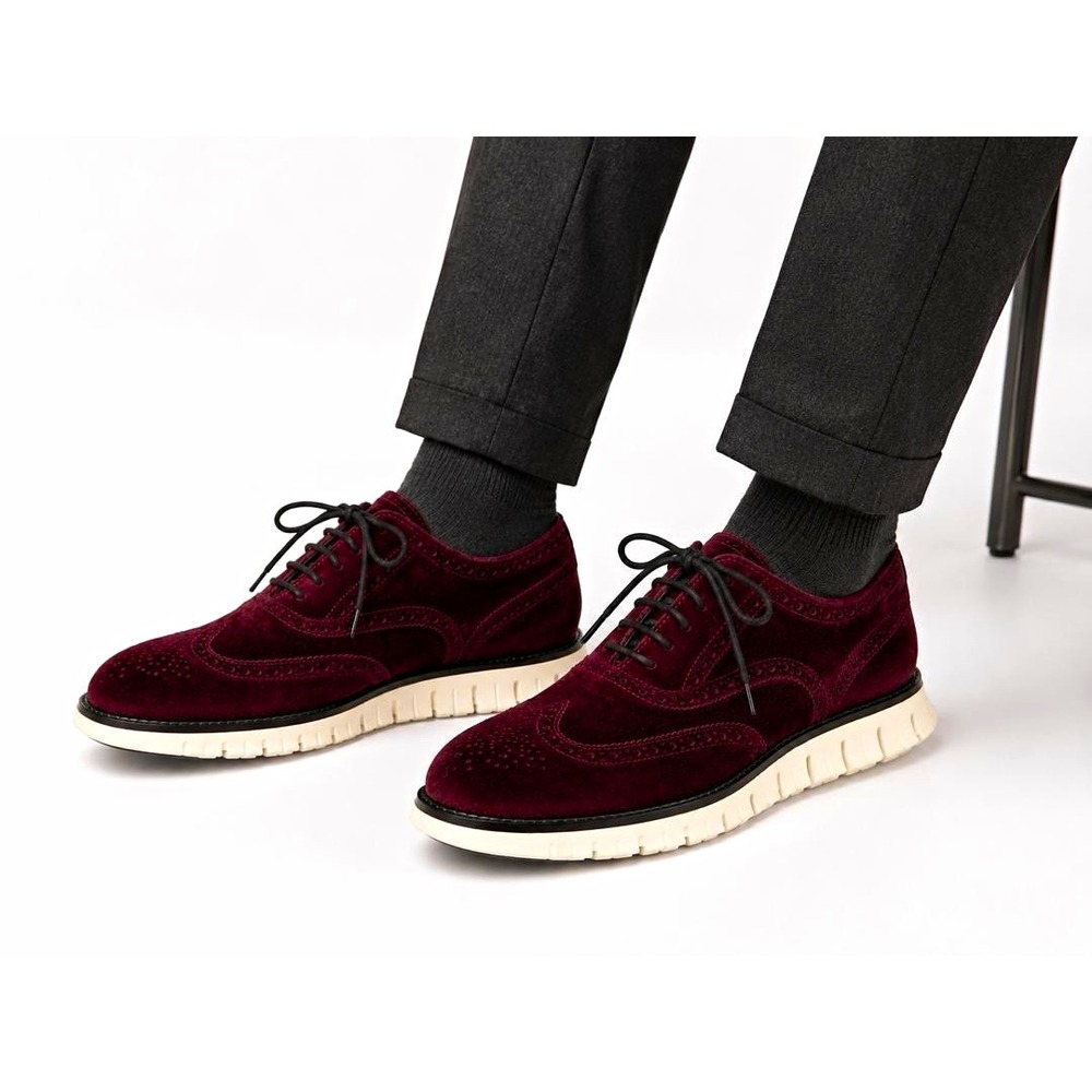 Cole Haan ZERØGRAND Velvet Wingtip Brogue Oxford Burgundy Men's US 10